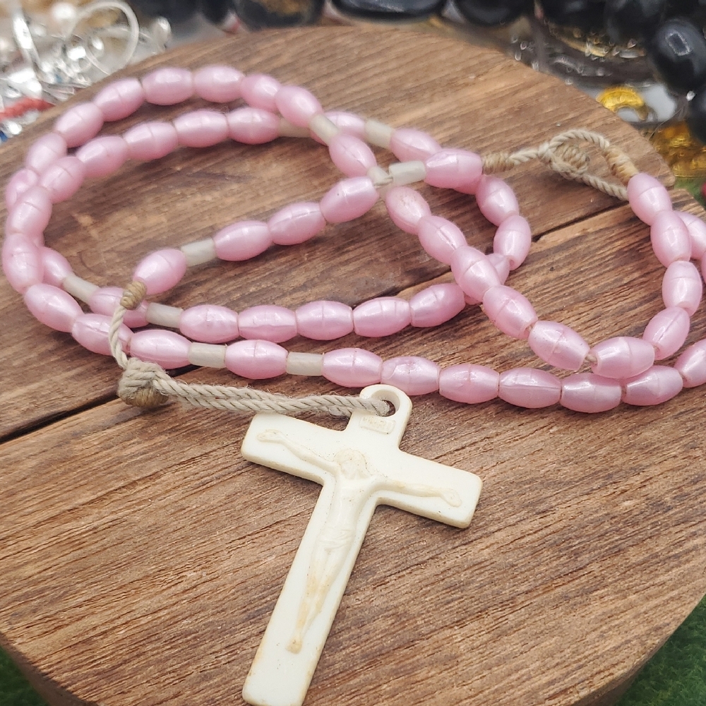 Pink Beaded Rosary Necklace with Cross Pendant 34 Inch N3929